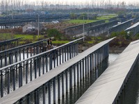 Workers set up solar panels at the construction site of Baima Lake Farm's fishery-solar hybrid project, with a total investment of 300 milli...