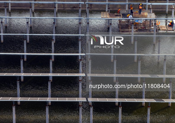 Workers set up solar panels at the construction site of Baima Lake Farm's fishery-solar hybrid project, with a total investment of 300 milli...