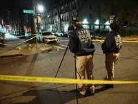 The NYPD Crime Scene Unit investigates the scene and places evidence markers where one man is killed and another man is injured in a shootin...