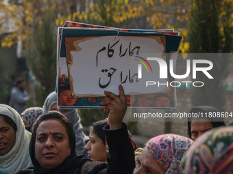 A female worker of the Jammu and Kashmir Pradesh Congress Committee (JKPCC) holds a placard during a protest demanding the restoration of st...