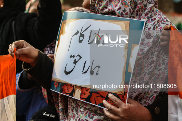 A female worker of the Jammu and Kashmir Pradesh Congress Committee (JKPCC) holds a placard during a protest demanding the restoration of st...