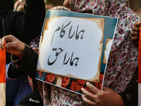 A female worker of the Jammu and Kashmir Pradesh Congress Committee (JKPCC) holds a placard during a protest demanding the restoration of st...