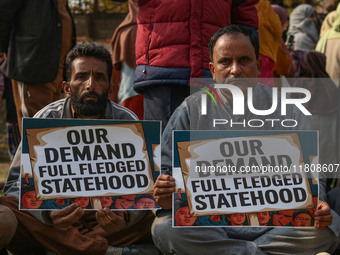 Members of the Jammu and Kashmir Pradesh Congress Committee (JKPCC) hold placards during a protest demanding the restoration of statehood an...