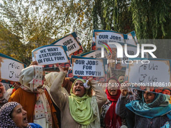 Female workers of the Jammu and Kashmir Pradesh Congress Committee (JKPCC) shout slogans and hold placards during a protest demanding the re...