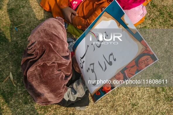 A child holds a placard during a protest demanding the restoration of statehood and constitutional guarantees in Srinagar, Jammu and Kashmir...