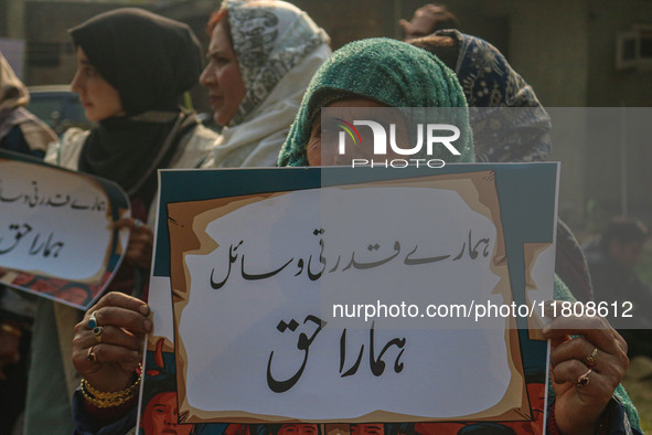 A female worker of the Jammu and Kashmir Pradesh Congress Committee (JKPCC) holds a placard during a protest demanding the restoration of st...