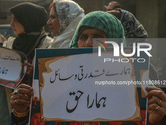 A female worker of the Jammu and Kashmir Pradesh Congress Committee (JKPCC) holds a placard during a protest demanding the restoration of st...