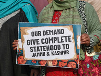 A female worker of the Jammu and Kashmir Pradesh Congress Committee (JKPCC) holds a placard during a protest demanding the restoration of st...