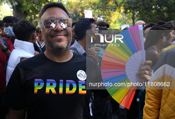 An LGBT supporter participates in the pride march in New Delhi, India, on November 24, 2024. 