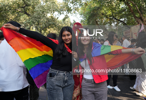 Supporters of the LGBT community participate in the pride march in New Delhi, India, on November 24, 2024. 