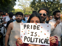 An LGBT supporter holds a placard reading 'pride is political' during the pride march in New Delhi, India, on November 24, 2024. (