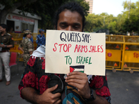 A member of the LGBT community holds a placard demanding an end to the arms sale to Israel at the pride march in New Delhi, India, on Novemb...