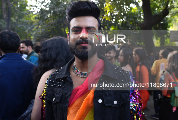 A member of the LGBT community poses for a photograph at the pride march in New Delhi, India, on November 24, 2024. 