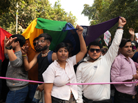 Members of the LGBT community hold the rainbow flag during the pride march in New Delhi, India, on November 24, 2024. (