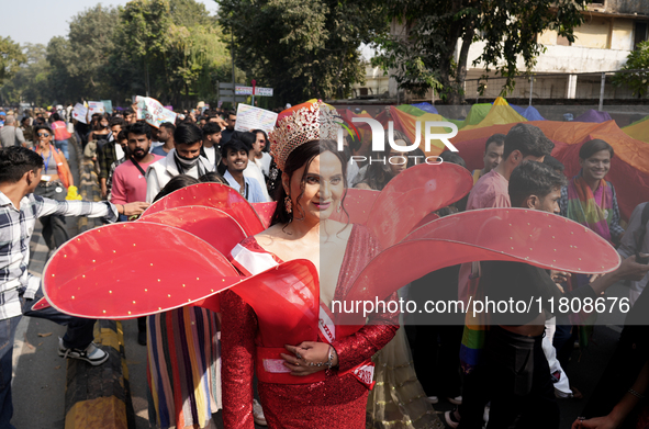 Members of the LGBT community walk during the pride march in New Delhi, India, on November 24, 2024. 