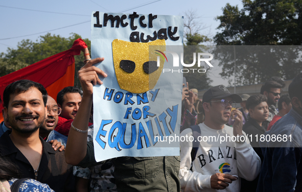 Members of the LGBT community participate in the pride march in New Delhi, India, on November 24, 2024. 