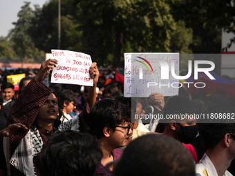 Supporters of the LGBT community hold placards in support of Kashmir and Palestine during the pride march in New Delhi, India, on November 2...