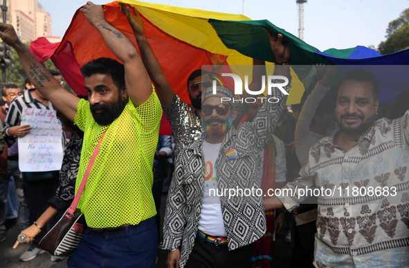 Members of the LGBT community participate in the pride march in New Delhi, India, on November 24, 2024. 