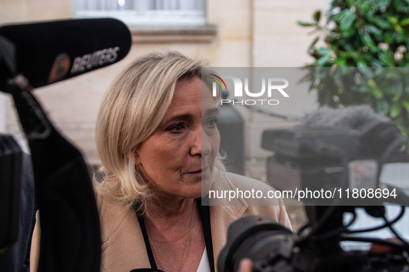 Rassemblement National leader Marine Le Pen meets with Prime Minister Michel Barnier at the Hotel de Matignon in Paris, France, on November...