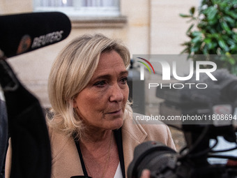 Rassemblement National leader Marine Le Pen meets with Prime Minister Michel Barnier at the Hotel de Matignon in Paris, France, on November...