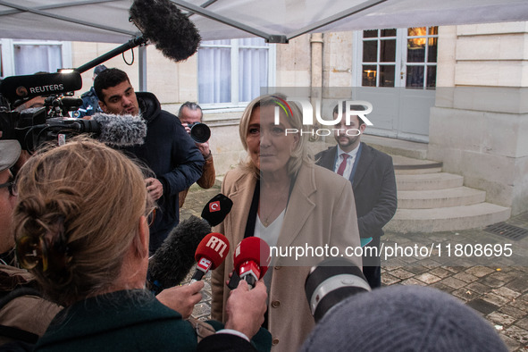 Rassemblement National leader Marine Le Pen meets with Prime Minister Michel Barnier at the Hotel de Matignon in Paris, France, on November...