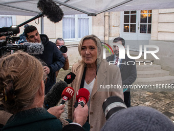 Rassemblement National leader Marine Le Pen meets with Prime Minister Michel Barnier at the Hotel de Matignon in Paris, France, on November...