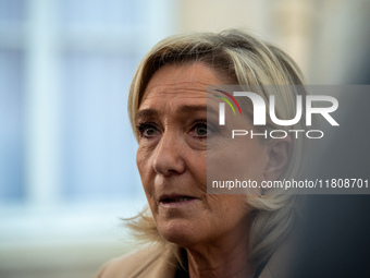 Rassemblement National leader Marine Le Pen meets with Prime Minister Michel Barnier at the Hotel de Matignon in Paris, France, on November...