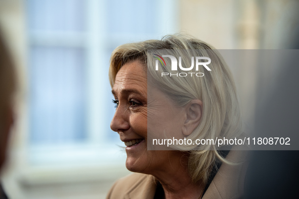 Rassemblement National leader Marine Le Pen meets with Prime Minister Michel Barnier at the Hotel de Matignon in Paris, France, on November...