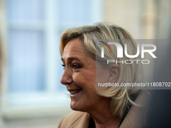 Rassemblement National leader Marine Le Pen meets with Prime Minister Michel Barnier at the Hotel de Matignon in Paris, France, on November...