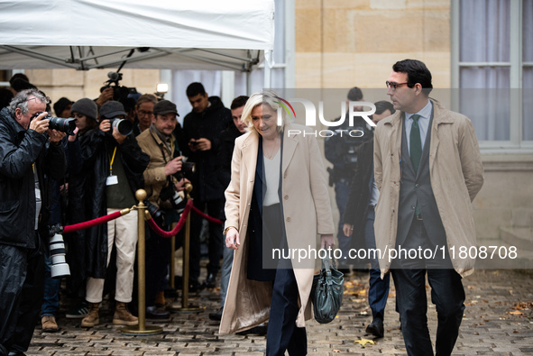 Rassemblement National leader Marine Le Pen meets with Prime Minister Michel Barnier at the Hotel de Matignon in Paris, France, on November...