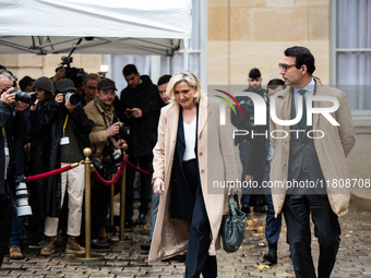 Rassemblement National leader Marine Le Pen meets with Prime Minister Michel Barnier at the Hotel de Matignon in Paris, France, on November...