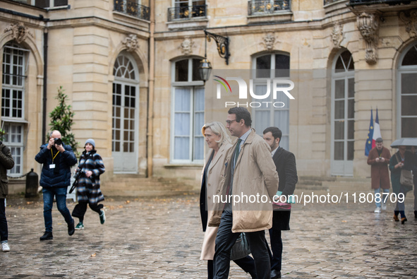 Rassemblement National leader Marine Le Pen meets with Prime Minister Michel Barnier at the Hotel de Matignon in Paris, France, on November...