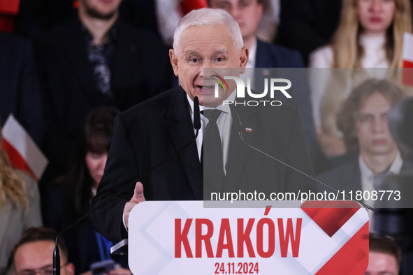 Jaroslaw Kaczynski speaks at Law and Justice (PiS) party convention in Krakow, Poland on November 24th, 2024. Nawrocki, the head of Poland’s...