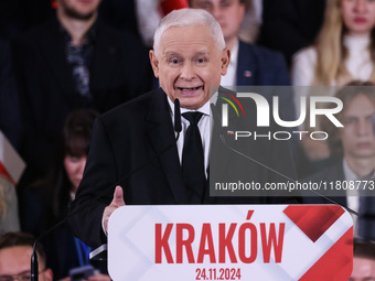 Jaroslaw Kaczynski speaks at Law and Justice (PiS) party convention in Krakow, Poland on November 24th, 2024. Nawrocki, the head of Poland’s...