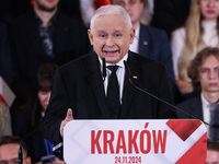 Jaroslaw Kaczynski speaks at Law and Justice (PiS) party convention in Krakow, Poland on November 24th, 2024. Nawrocki, the head of Poland’s...