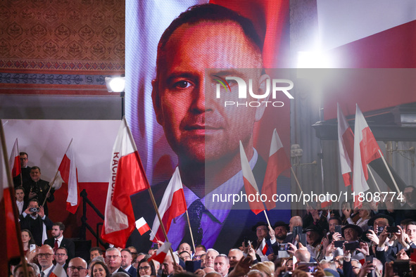 A picture of Karol Nawrocki is seen during Law and Justice (PiS) party convention in Krakow, Poland on November 24th, 2024. Nawrocki, the he...