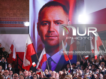 A picture of Karol Nawrocki is seen during Law and Justice (PiS) party convention in Krakow, Poland on November 24th, 2024. Nawrocki, the he...