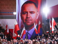 A picture of Karol Nawrocki is seen during Law and Justice (PiS) party convention in Krakow, Poland on November 24th, 2024. Nawrocki, the he...