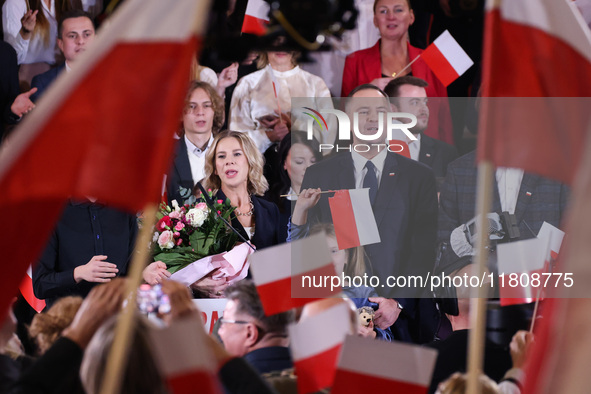 Karol Nawrocki and his wife Marta Nawrocka are seen on stage at Law and Justice (PiS) party convention in Krakow, Poland on November 24th, 2...