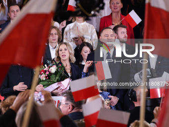 Karol Nawrocki and his wife Marta Nawrocka are seen on stage at Law and Justice (PiS) party convention in Krakow, Poland on November 24th, 2...