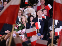 Karol Nawrocki and his wife Marta Nawrocka are seen on stage at Law and Justice (PiS) party convention in Krakow, Poland on November 24th, 2...