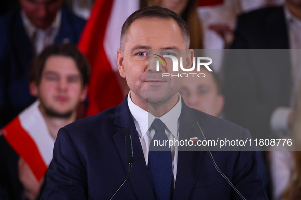 Karol Nawrocki is seen on stage at Law and Justice (PiS) party convention in Krakow, Poland on November 24th, 2024. Nawrocki, the head of Po...