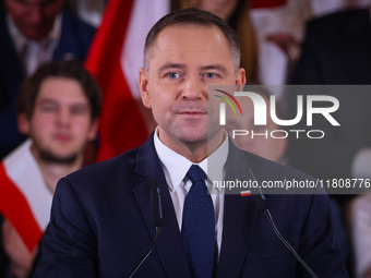 Karol Nawrocki is seen on stage at Law and Justice (PiS) party convention in Krakow, Poland on November 24th, 2024. Nawrocki, the head of Po...