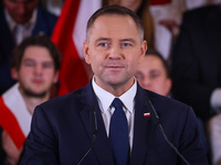 Karol Nawrocki is seen on stage at Law and Justice (PiS) party convention in Krakow, Poland on November 24th, 2024. Nawrocki, the head of Po...