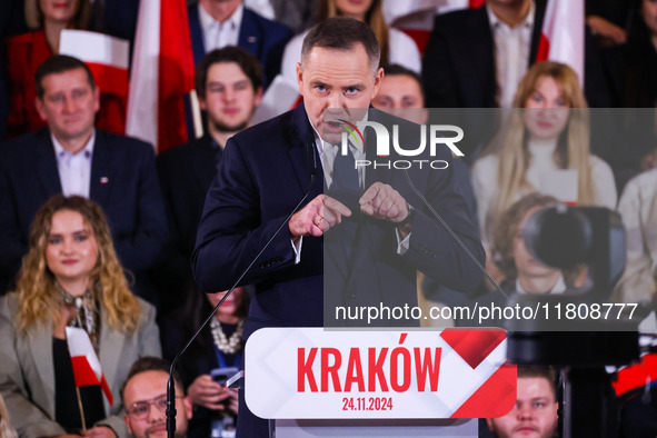 Karol Nawrocki is speaking on stage at Law and Justice (PiS) party convention in Krakow, Poland on November 24th, 2024. Nawrocki, the head o...