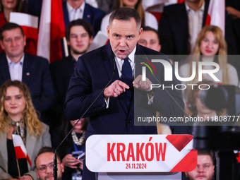 Karol Nawrocki is speaking on stage at Law and Justice (PiS) party convention in Krakow, Poland on November 24th, 2024. Nawrocki, the head o...