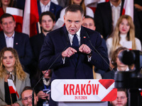 Karol Nawrocki is speaking on stage at Law and Justice (PiS) party convention in Krakow, Poland on November 24th, 2024. Nawrocki, the head o...