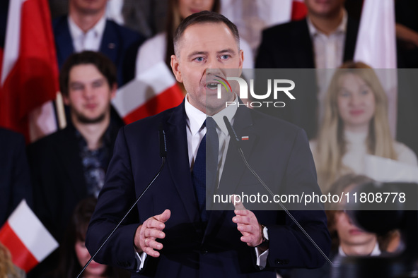 Karol Nawrocki is speaking on stage at Law and Justice (PiS) party convention in Krakow, Poland on November 24th, 2024. Nawrocki, the head o...