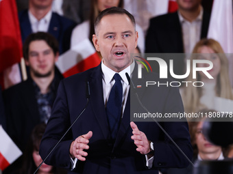 Karol Nawrocki is speaking on stage at Law and Justice (PiS) party convention in Krakow, Poland on November 24th, 2024. Nawrocki, the head o...