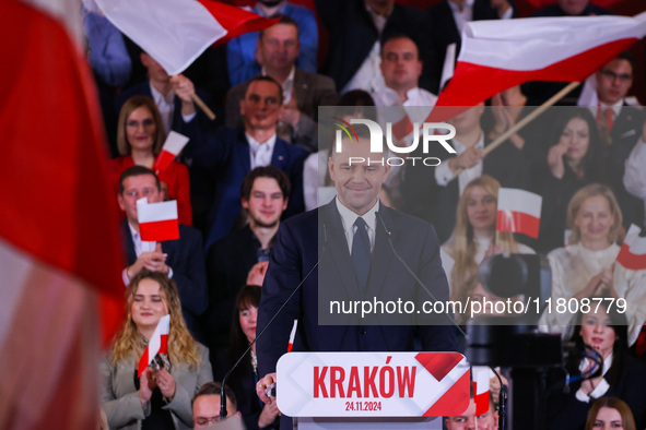 Karol Nawrocki is seen on stage at Law and Justice (PiS) party convention in Krakow, Poland on November 24th, 2024. Nawrocki, the head of Po...